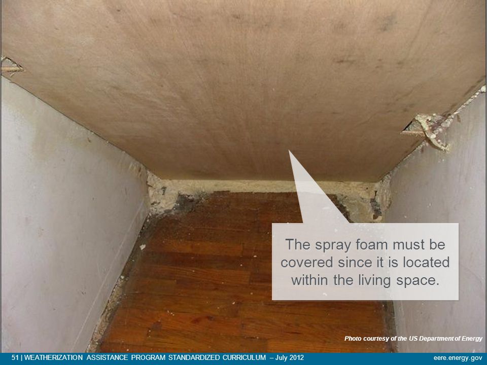 The spray foam must be covered since it is located within the living space.