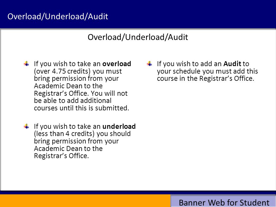 Overload/Underload/Audit