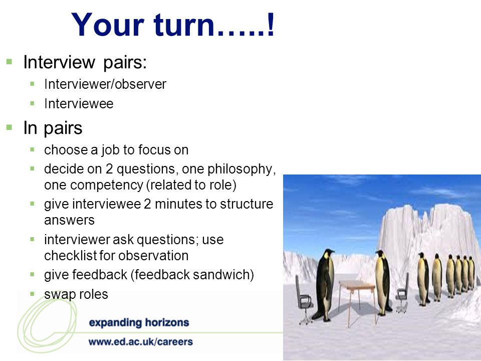Your turn…..! Interview pairs: In pairs Interviewer/observer