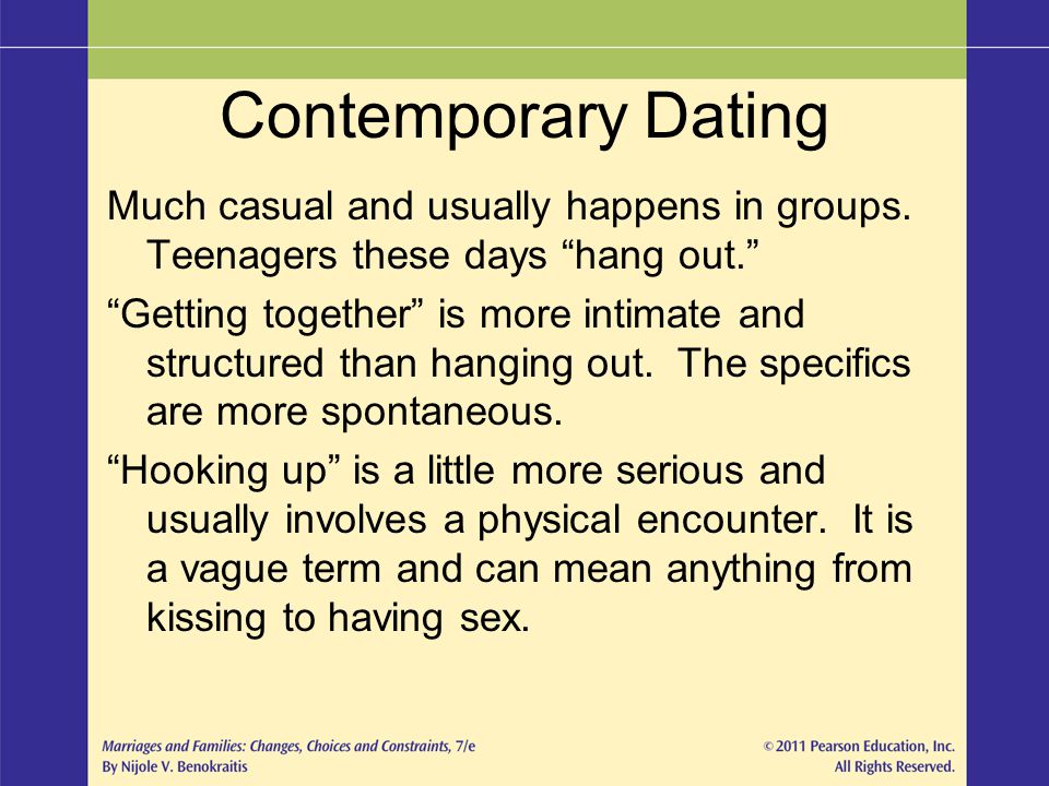 Contemporary Dating Much casual and usually happens in groups. Teenagers these days hang out.