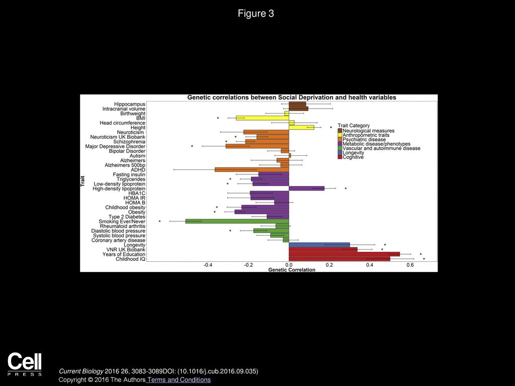 Figure 3 Genetic Correlations between Social Deprivation and Health and Anthropometric Variables.