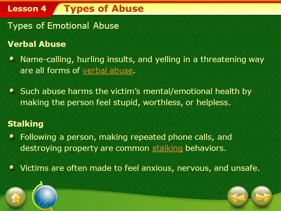 Types of Abuse Types of Emotional Abuse Verbal Abuse