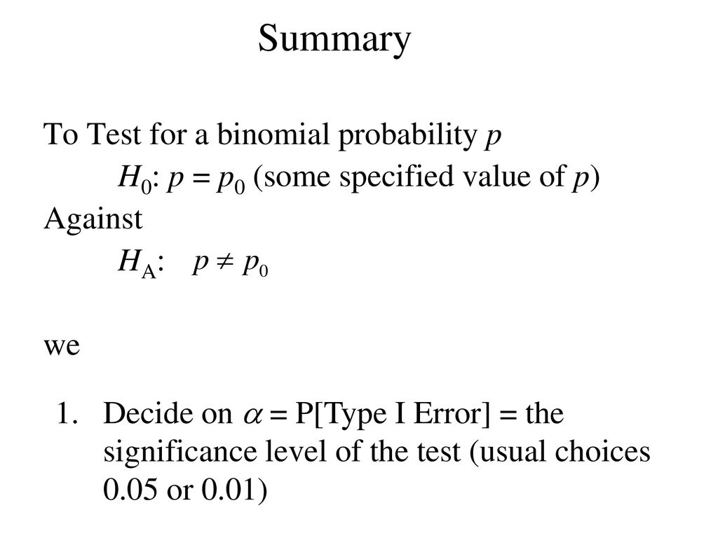 Summary To Test for a binomial probability p