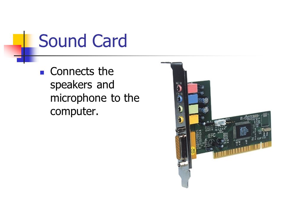 Sound Card Connects the speakers and microphone to the computer.