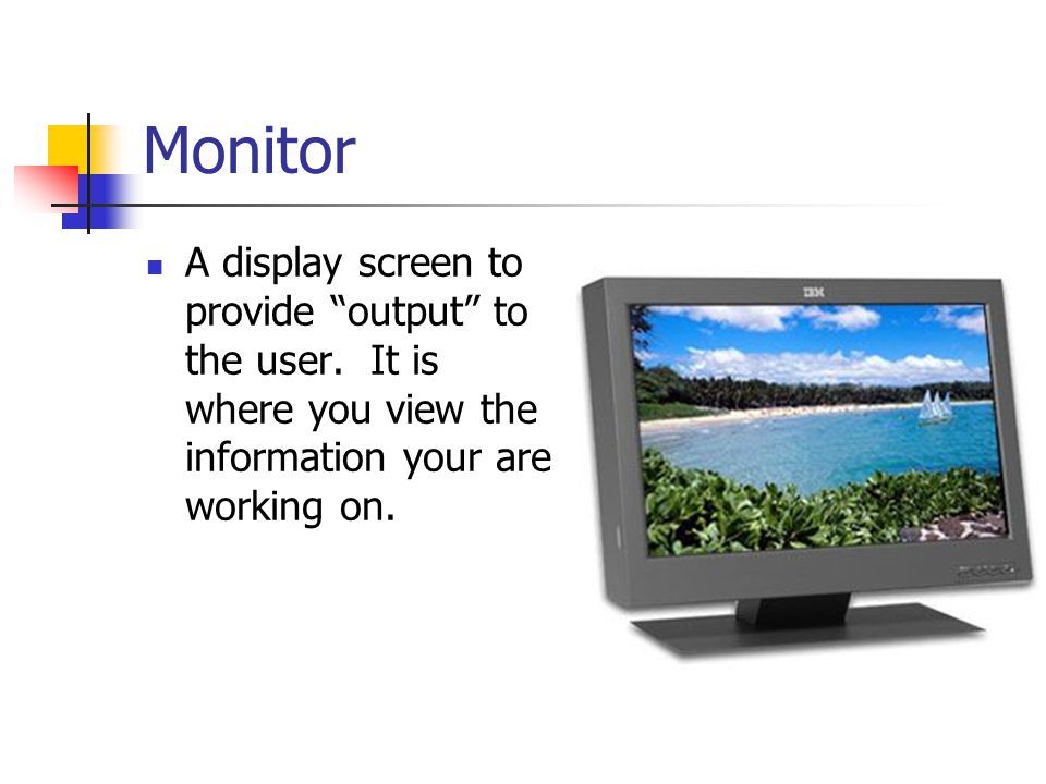 Monitor A display screen to provide output to the user.