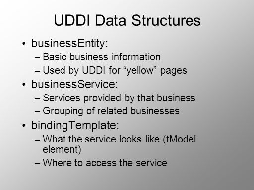 UDDI Data Structures businessEntity: businessService: bindingTemplate: