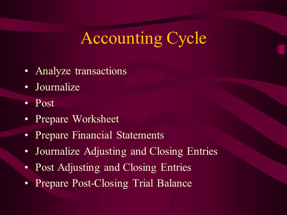 Accounting Cycle Analyze transactions Journalize Post