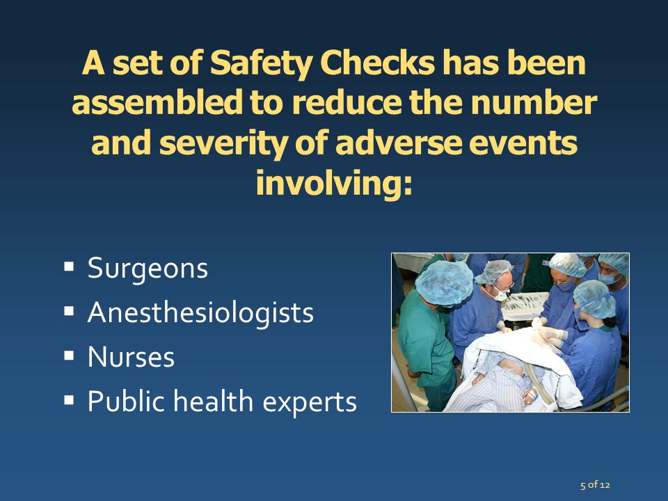 A set of Safety Checks has been assembled to reduce the number and severity of adverse events involving: