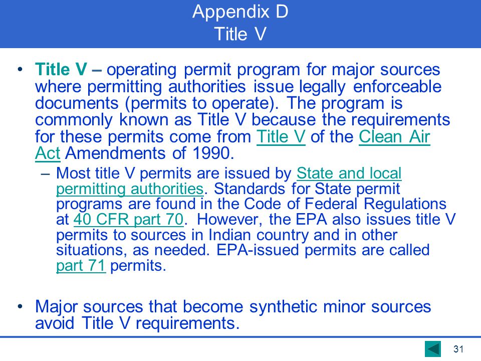 Appendix D Title V