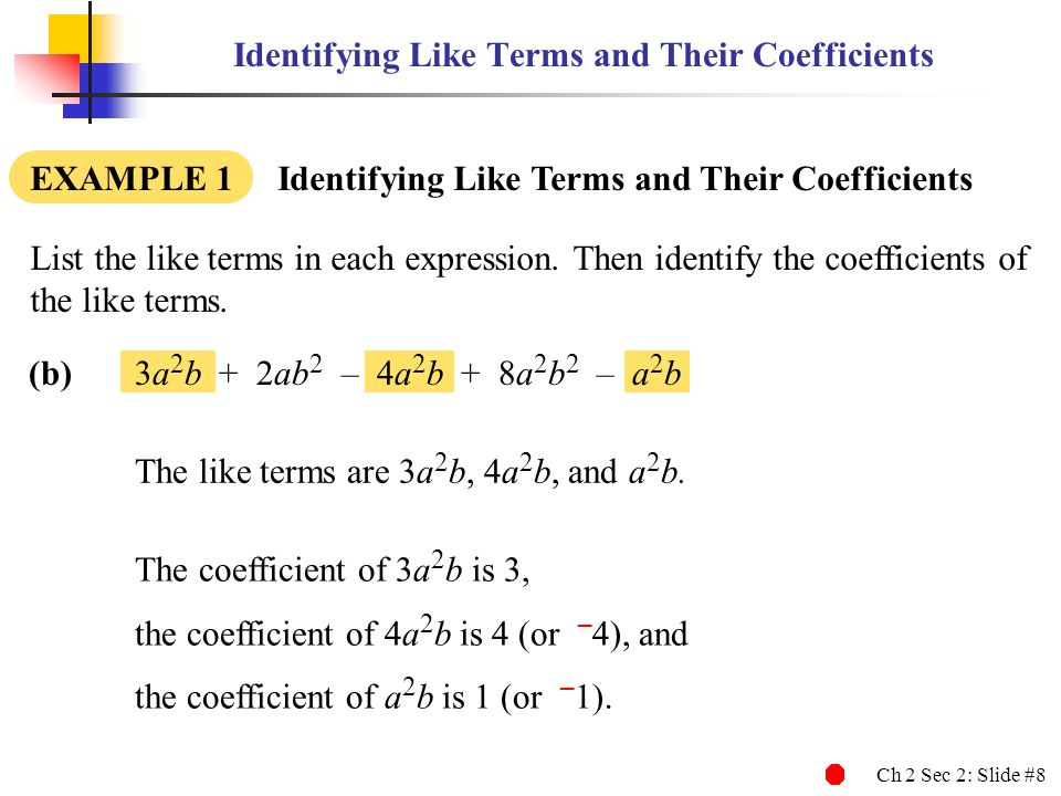 Identifying Like Terms and Their Coefficients