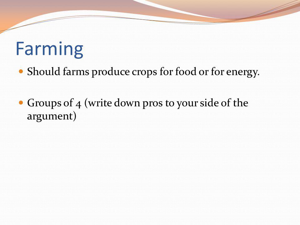 Farming Should farms produce crops for food or for energy.