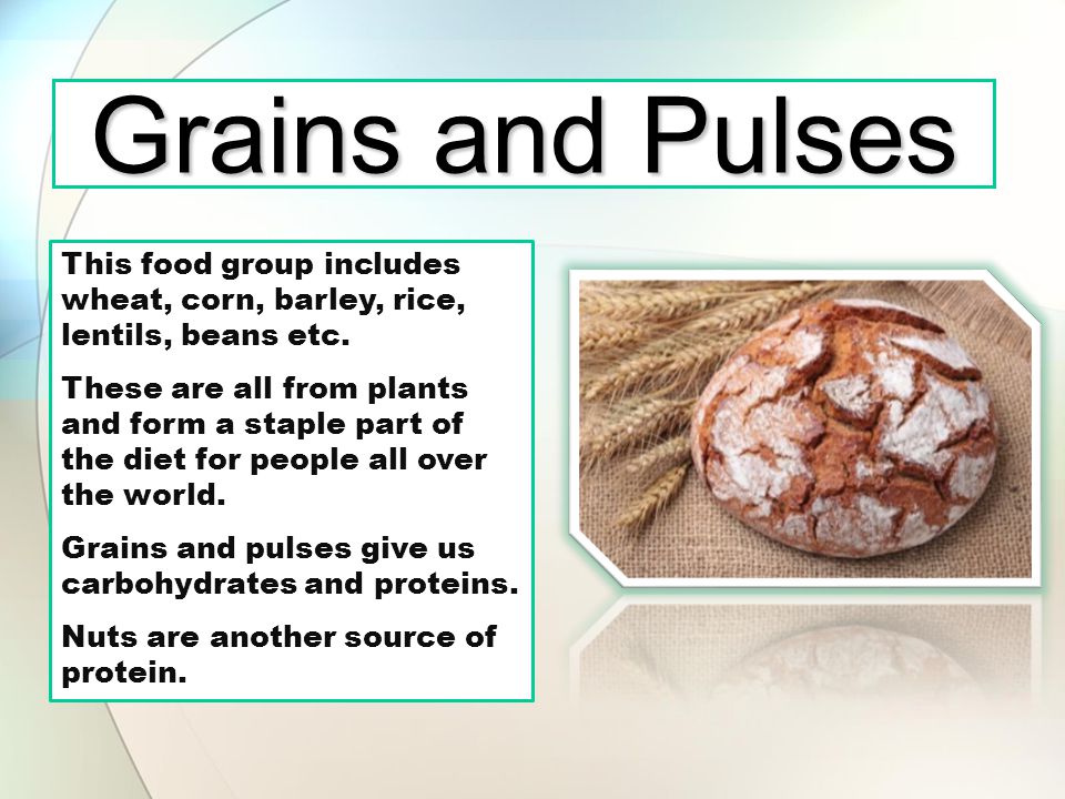 Grains and Pulses This food group includes wheat, corn, barley, rice, lentils, beans etc.