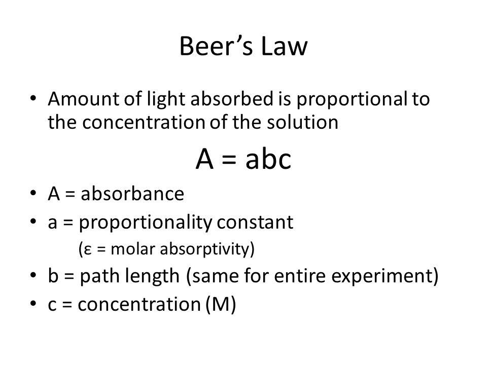 Beer’s Law Amount of light absorbed is proportional to the concentration of the solution. A = abc.