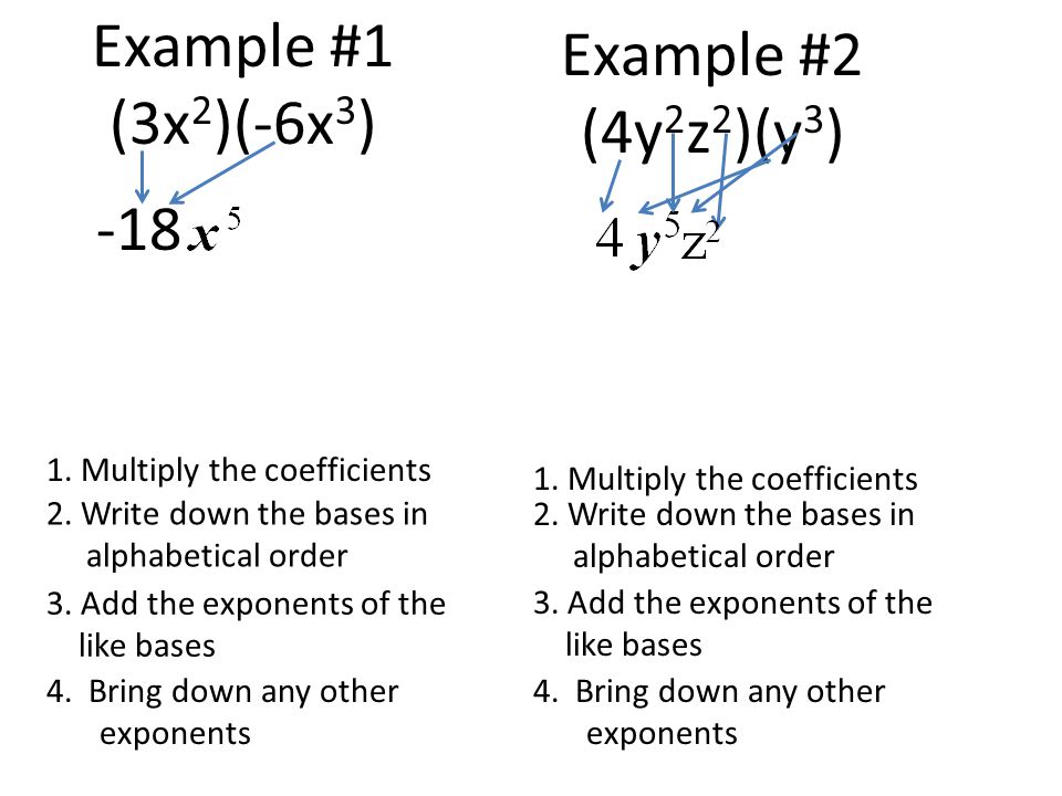 Example #1 Example #2 (3x2)(-6x3) (4y2z2)(y3) -18