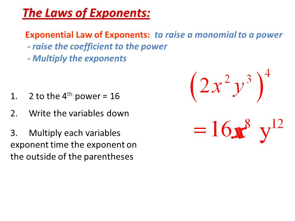 The Laws of Exponents: Exponential Law of Exponents: to raise a monomial to a power. - raise the coefficient to the power.