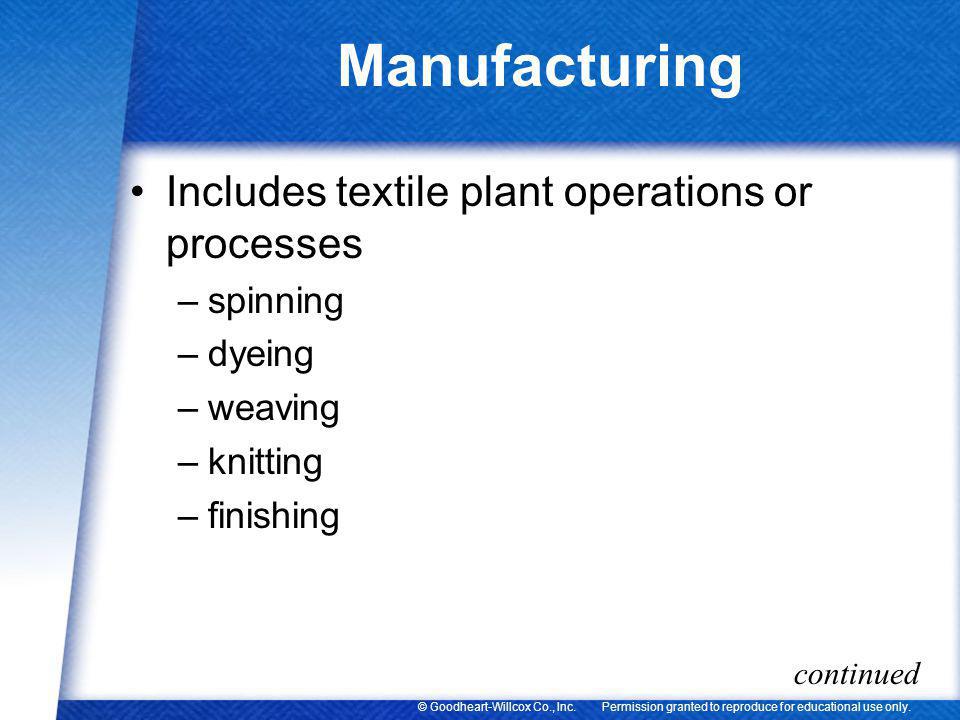 Manufacturing Includes textile plant operations or processes spinning