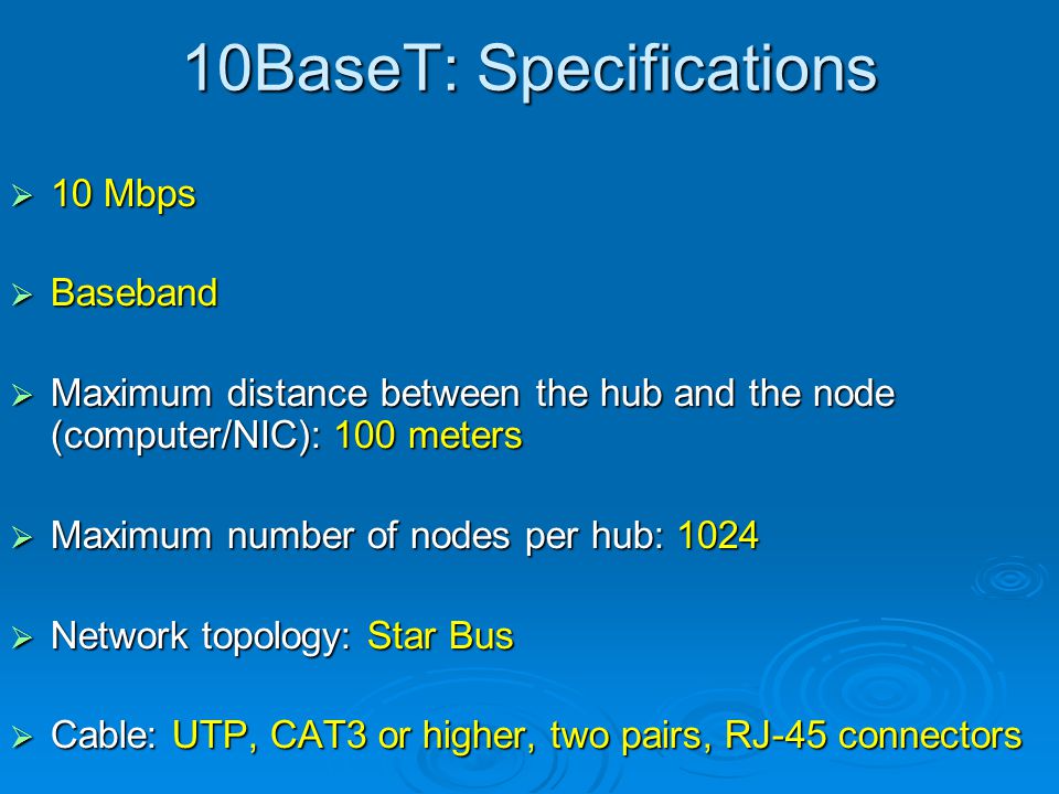 10BaseT: Specifications