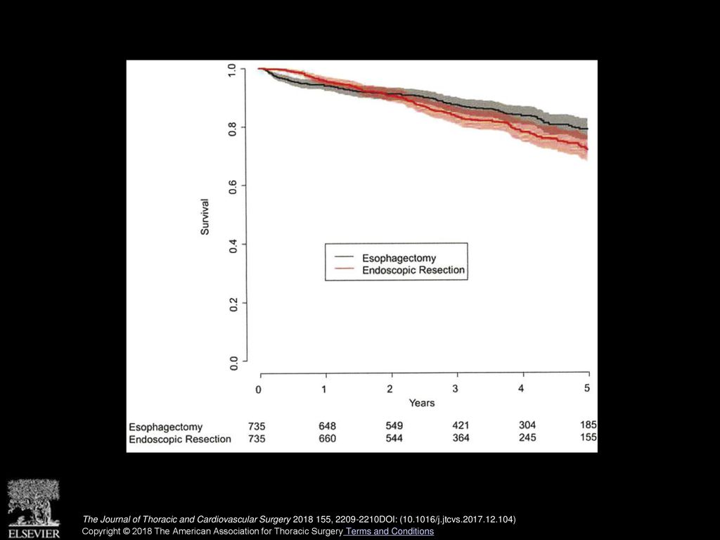 Survival curves after esophagectomy and endoscopic resection for T1a adenocarcinoma.