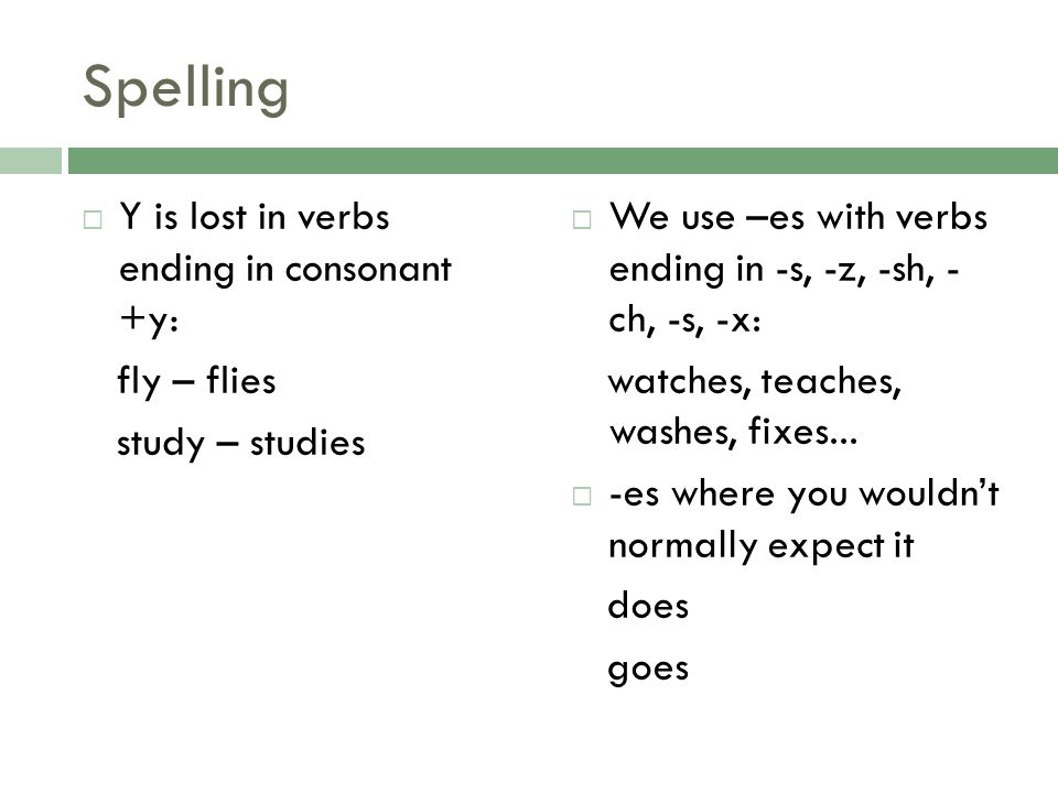 Spelling Y is lost in verbs ending in consonant +y: fly – flies