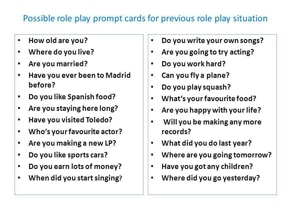 Possible role play prompt cards for previous role play situation