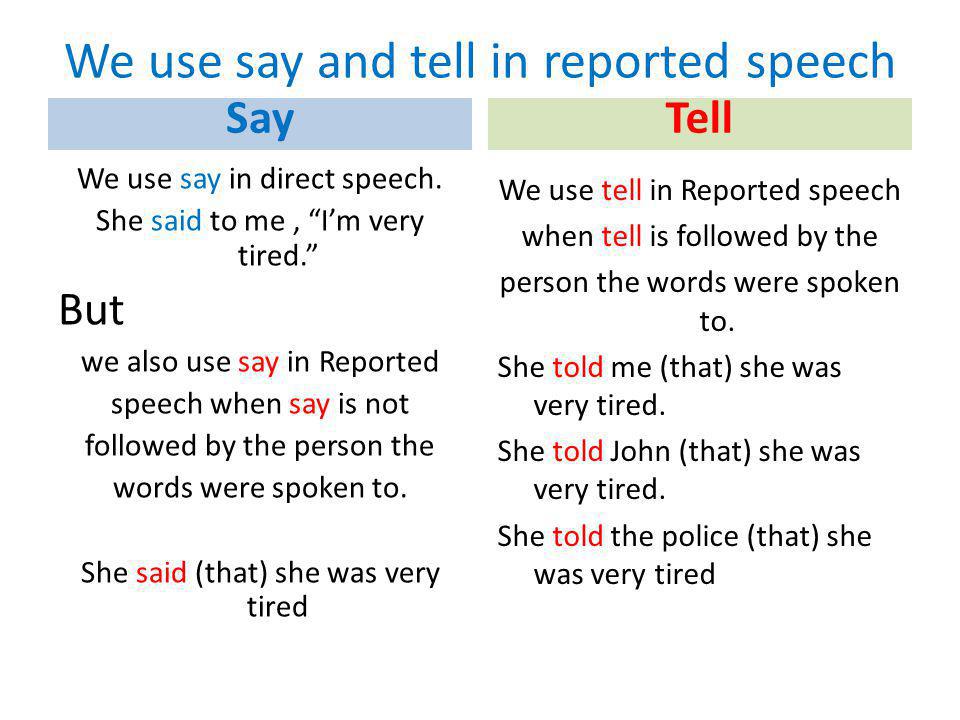 We use say and tell in reported speech