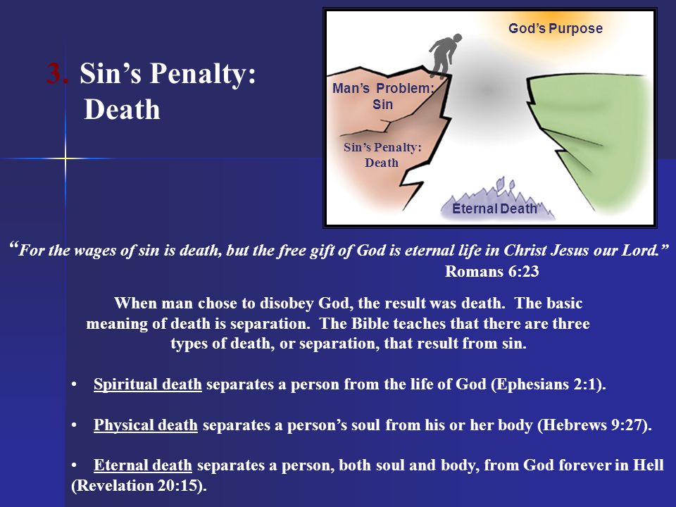 God’s Purpose Sin’s Penalty: Death. Man’s Problem: Sin. Sin’s Penalty: Death. Eternal Death.