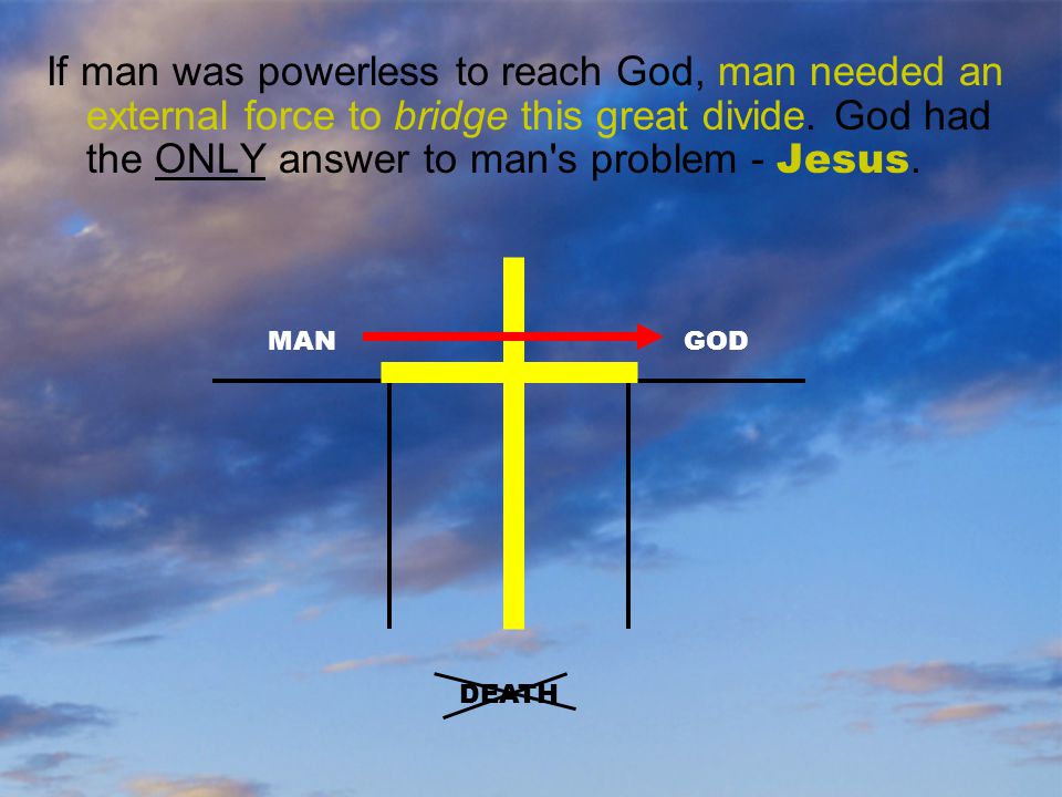 If man was powerless to reach God, man needed an external force to bridge this great divide. God had the ONLY answer to man s problem - Jesus.
