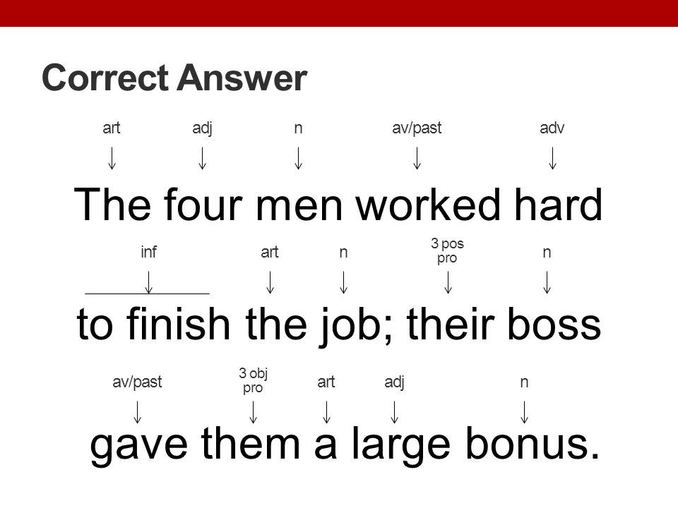 Correct Answer art. adj. n. av/past. adv. The four men worked hard to finish the job; their boss gave them a large bonus.