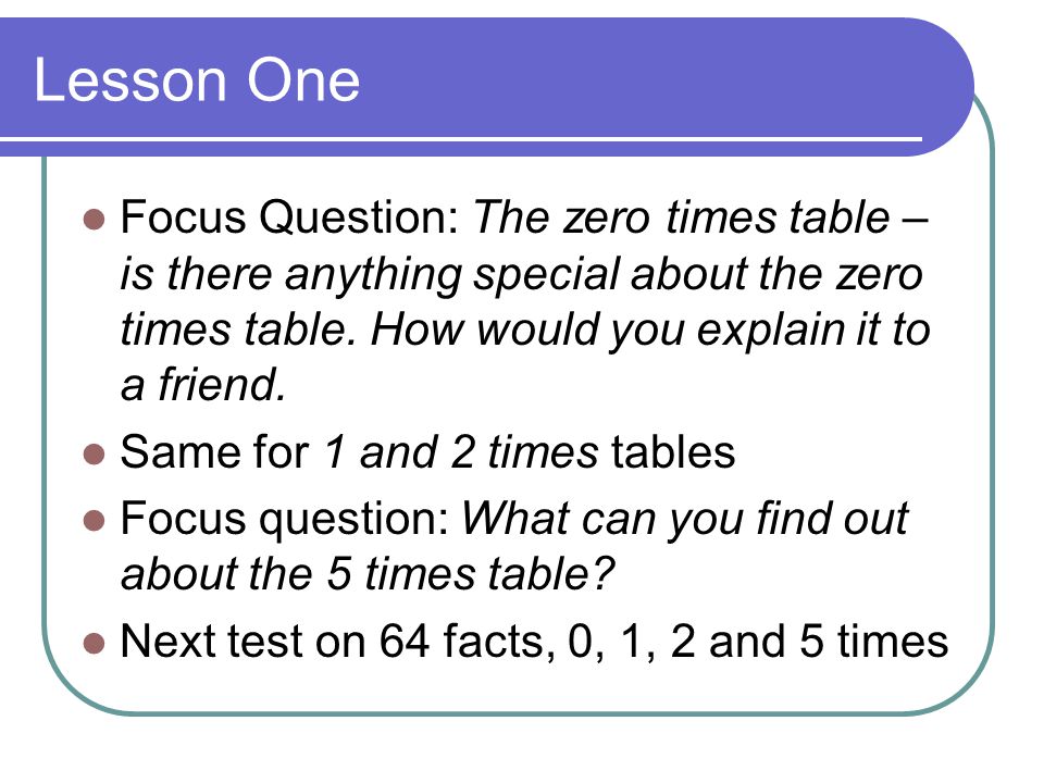 Lesson One Focus Question: The zero times table – is there anything special about the zero times table. How would you explain it to a friend.