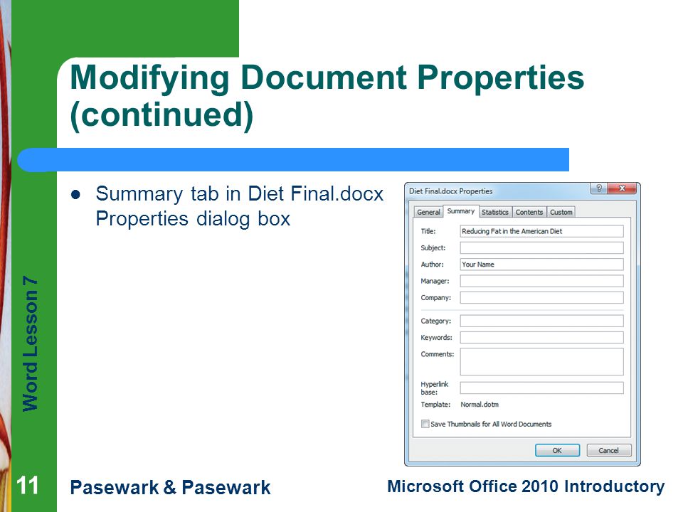 Modifying Document Properties (continued)