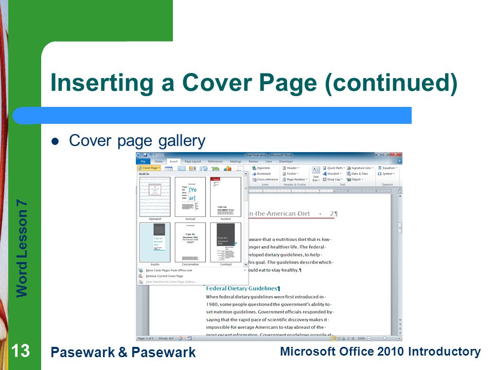 Inserting a Cover Page (continued)
