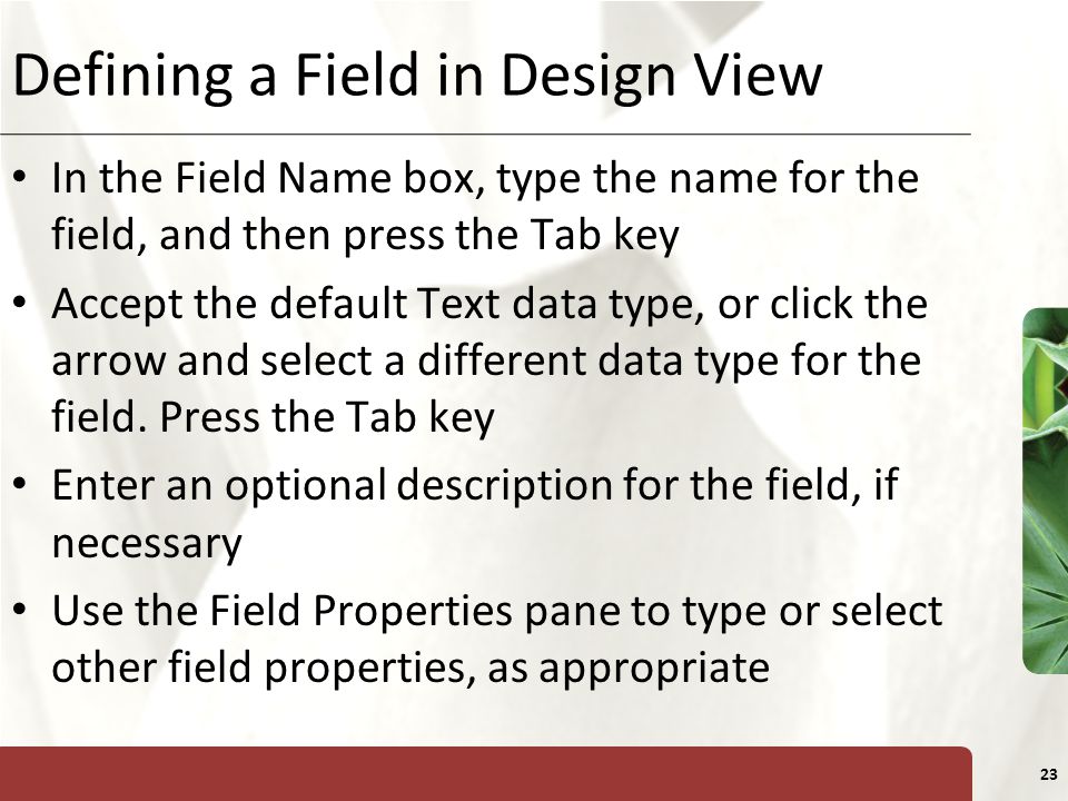 Defining a Field in Design View