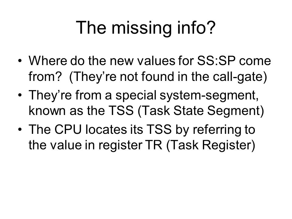 The missing info Where do the new values for SS:SP come from (They’re not found in the call-gate)