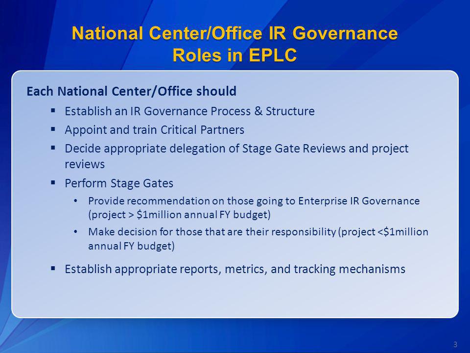 National Center/Office IR Governance Roles in EPLC