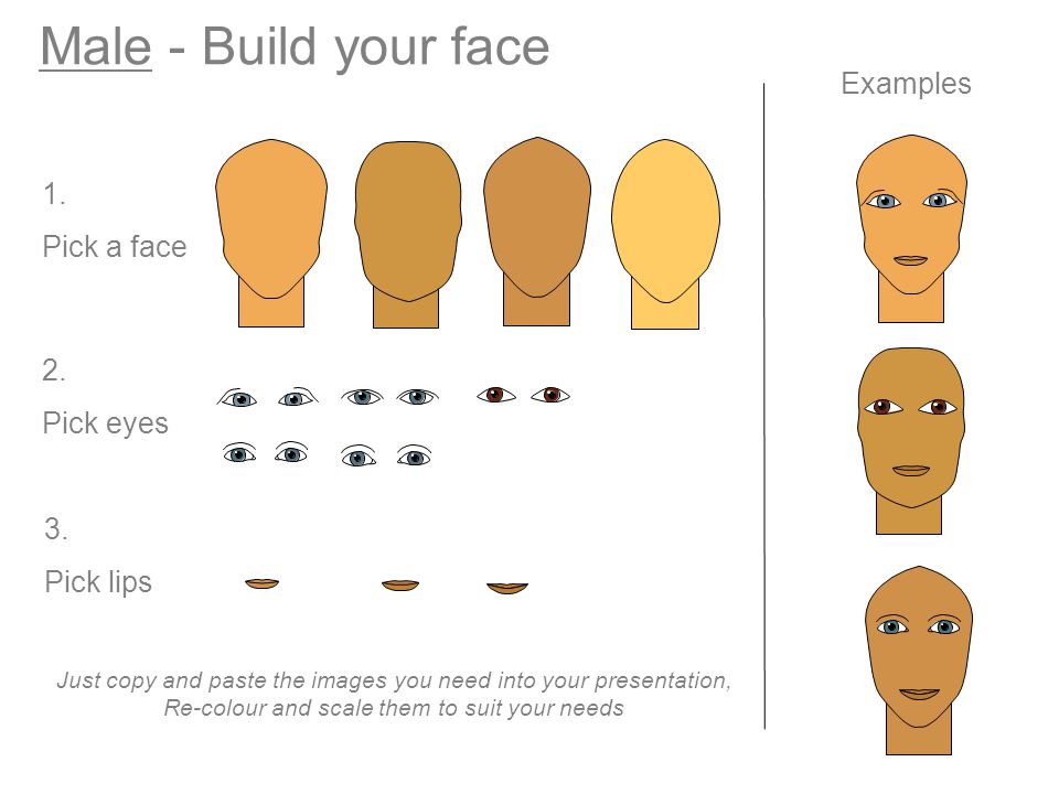Male - Build your face Examples 1. Pick a face 2. Pick eyes 3.