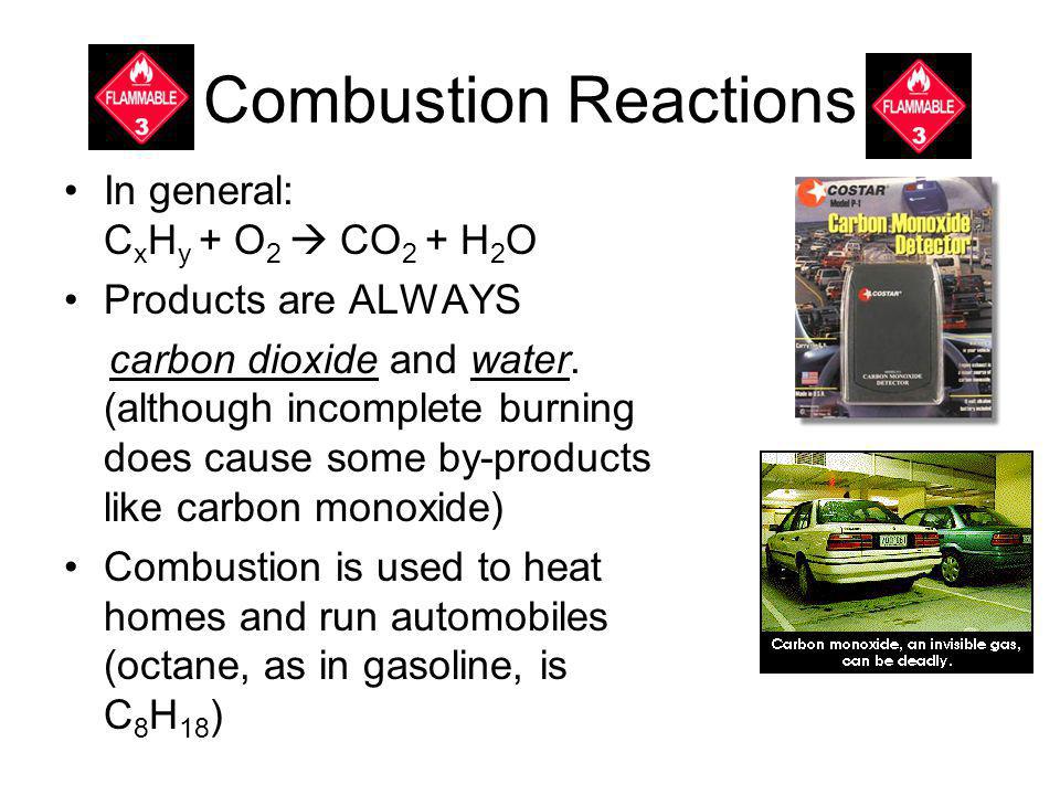Combustion Reactions In general: CxHy + O2  CO2 + H2O