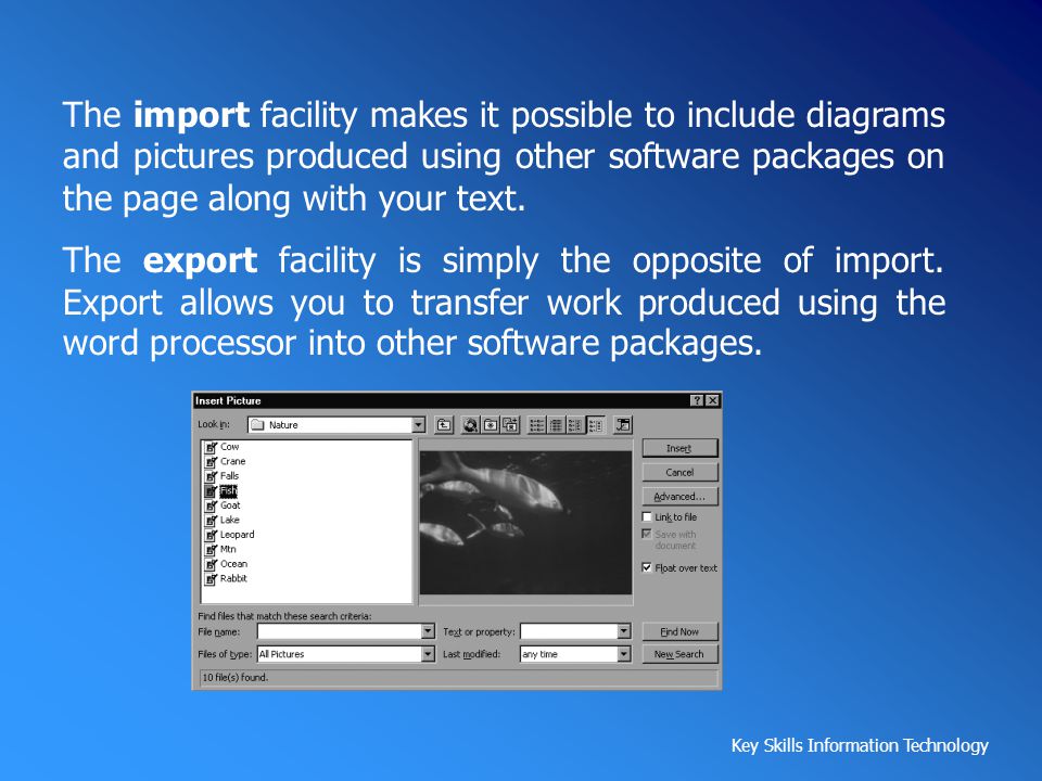 The import facility makes it possible to include diagrams and pictures produced using other software packages on the page along with your text.