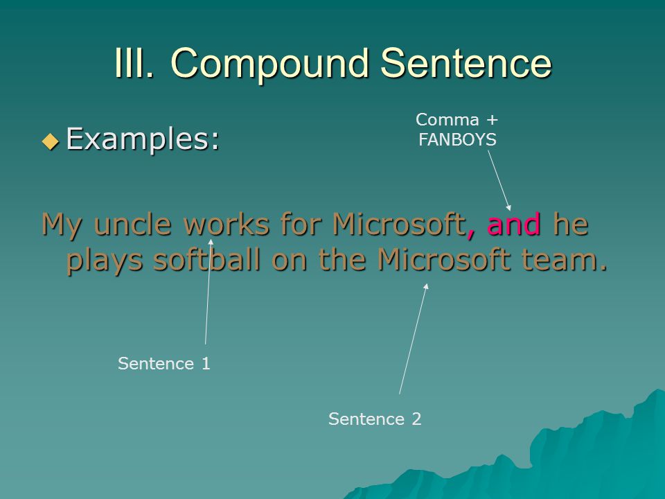 III. Compound Sentence Examples: