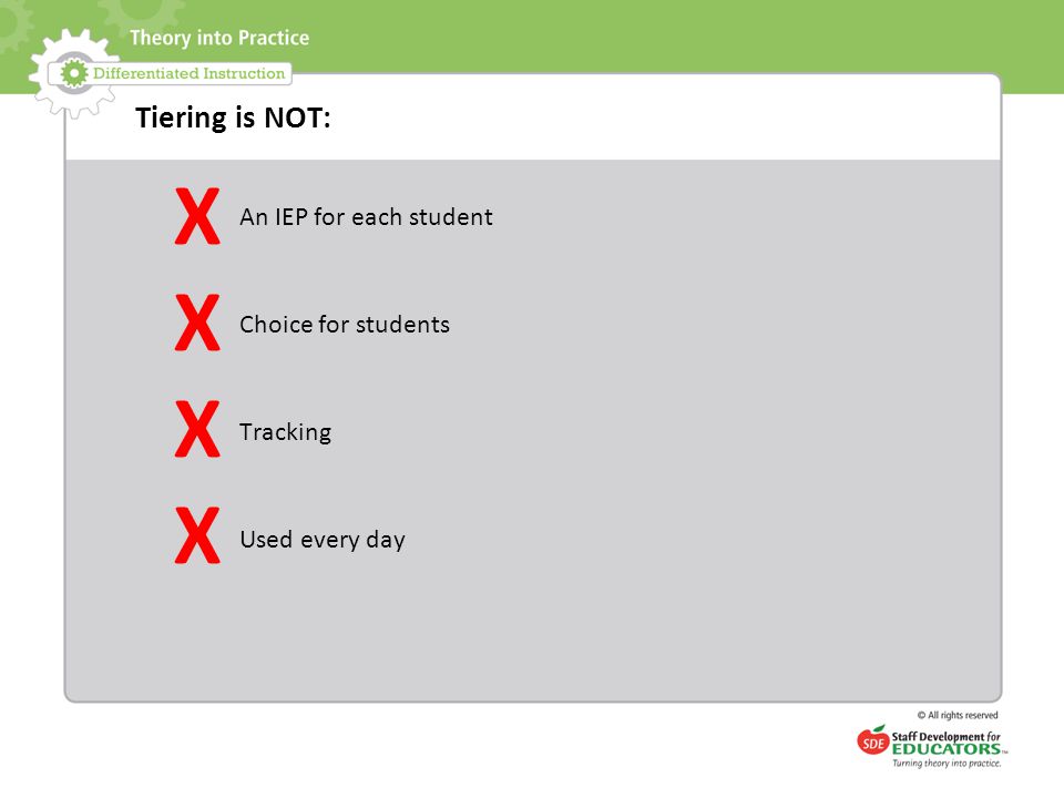 X Tiering is NOT: An IEP for each student Choice for students Tracking