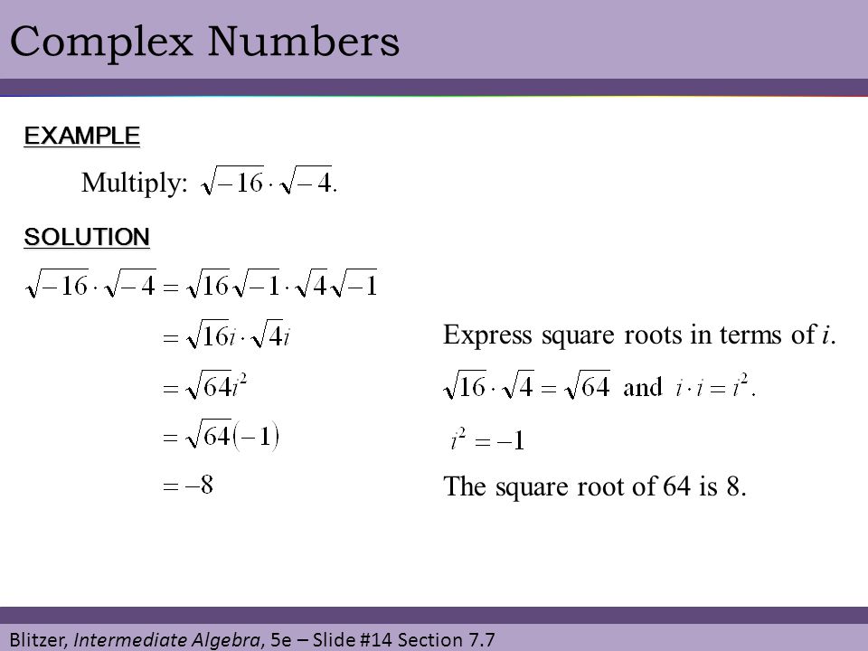 Complex Numbers Multiply: Express square roots in terms of i.
