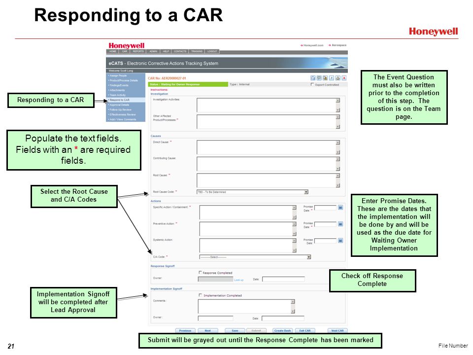 Responding to a CAR The Event Question must also be written prior to the completion of this step. The question is on the Team page.