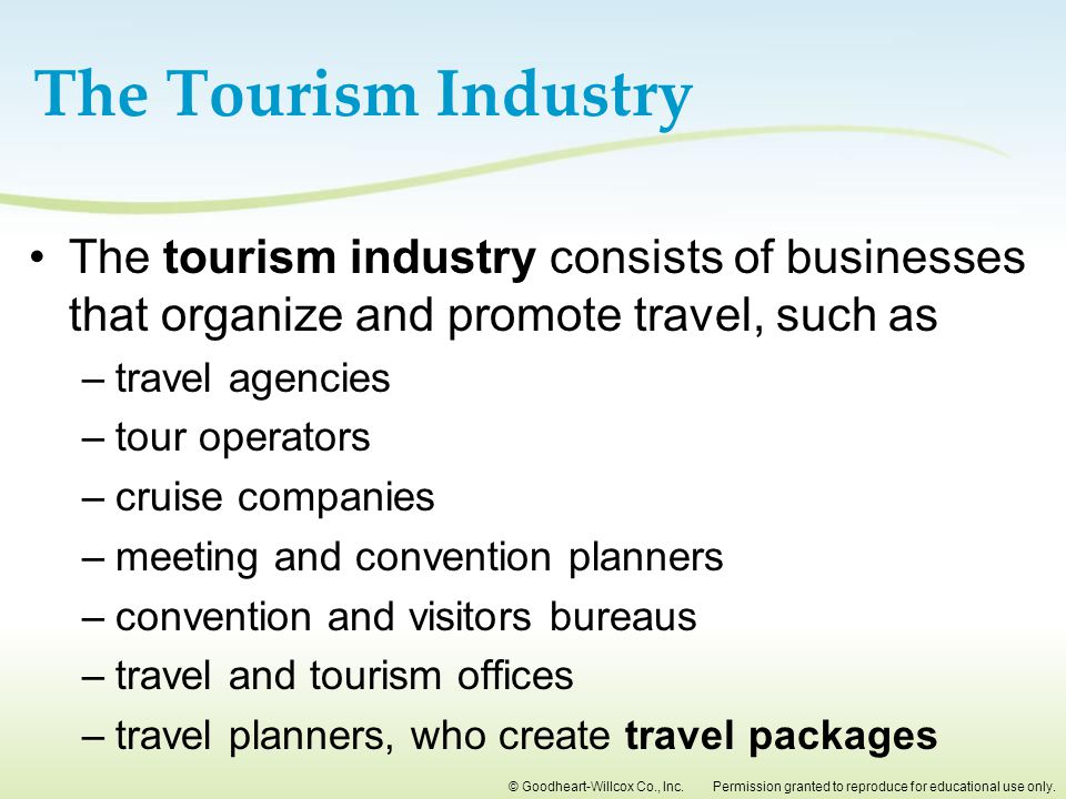 The Tourism Industry The tourism industry consists of businesses that organize and promote travel, such as.