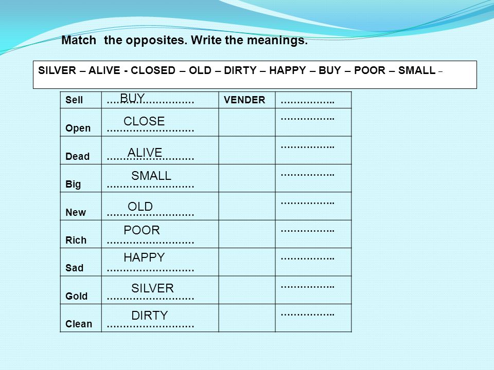 Match the opposites. Write the meanings.