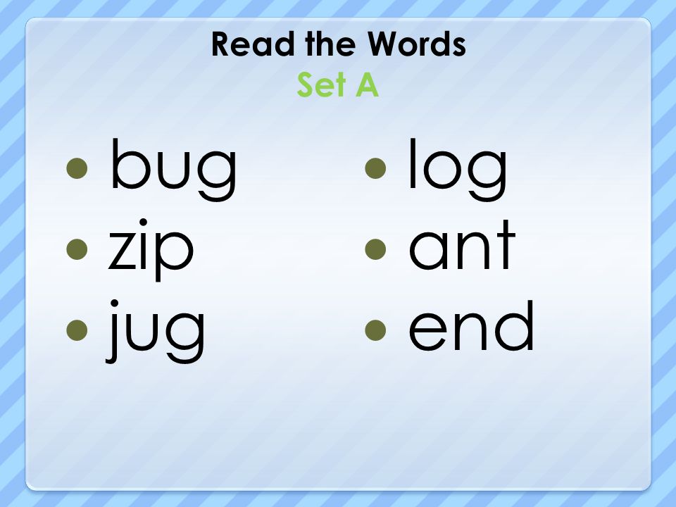 Read the Words Set A bug zip jug log ant end
