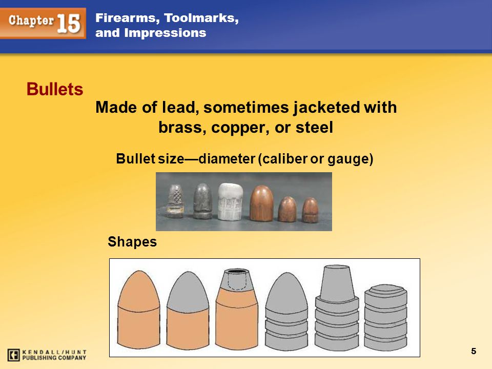Made of lead, sometimes jacketed with brass, copper, or steel