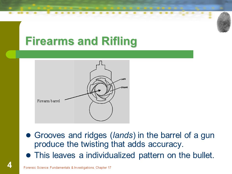Firearms and Rifling Grooves and ridges (lands) in the barrel of a gun produce the twisting that adds accuracy.