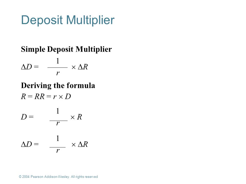 Deposit Multiplier Simple Deposit Multiplier 1 D =  R r