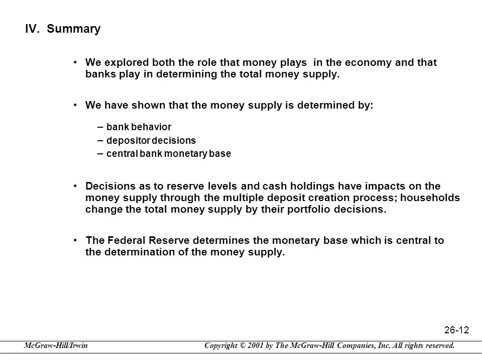 IV. Summary We explored both the role that money plays in the economy and that banks play in determining the total money supply.