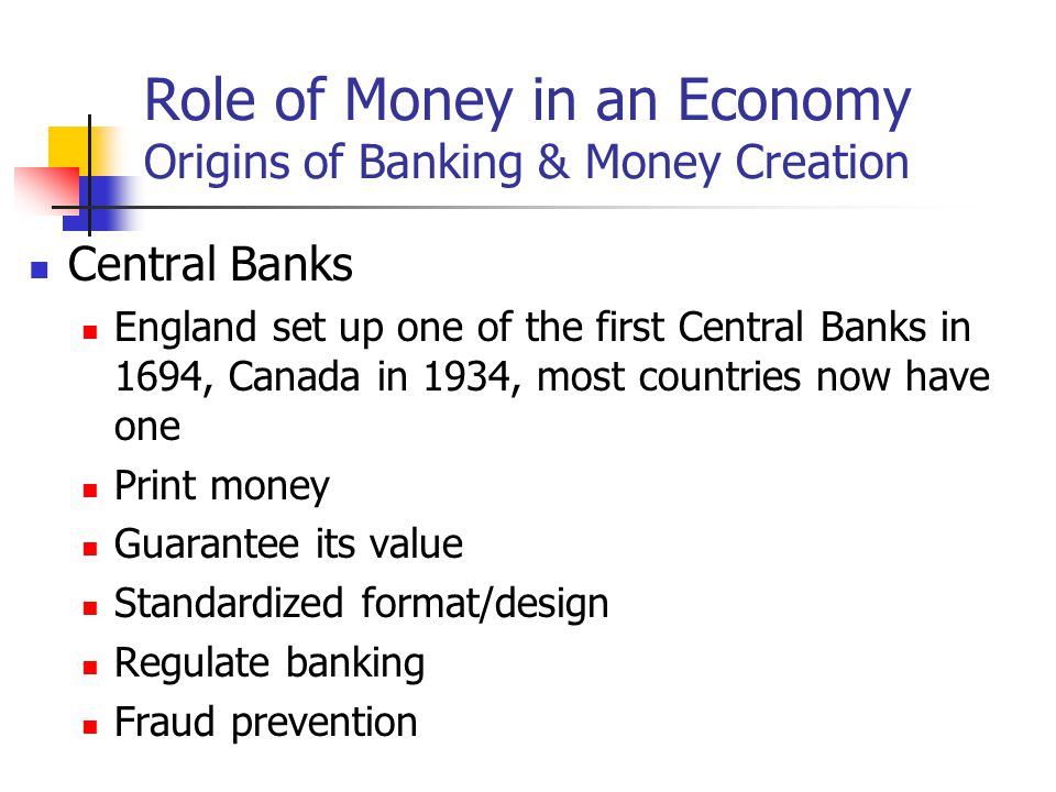 Role of Money in an Economy Origins of Banking & Money Creation