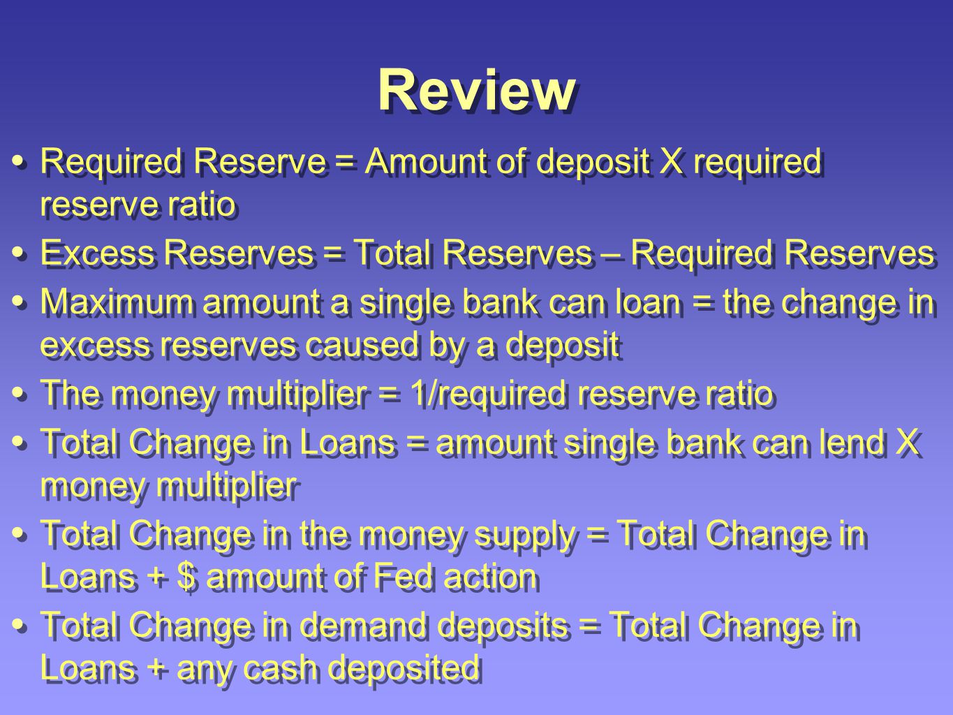 Review Required Reserve = Amount of deposit X required reserve ratio